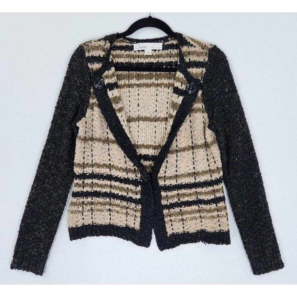 Curio Sweater Womens Medium Black Tan Striped Button Front V Neck Knit Cardigan